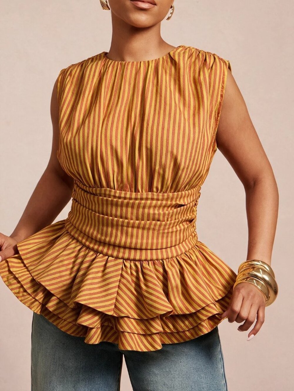 Yellow Casual Women's Woven Round Neck Ruched Sleeveless Layered Peplum Hem Top